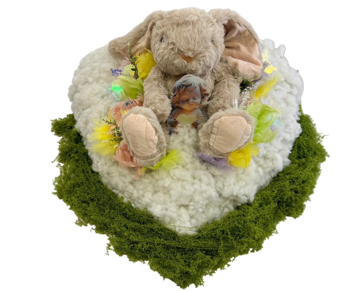 Knuffel op rouwhart met engel in zijn pootjes