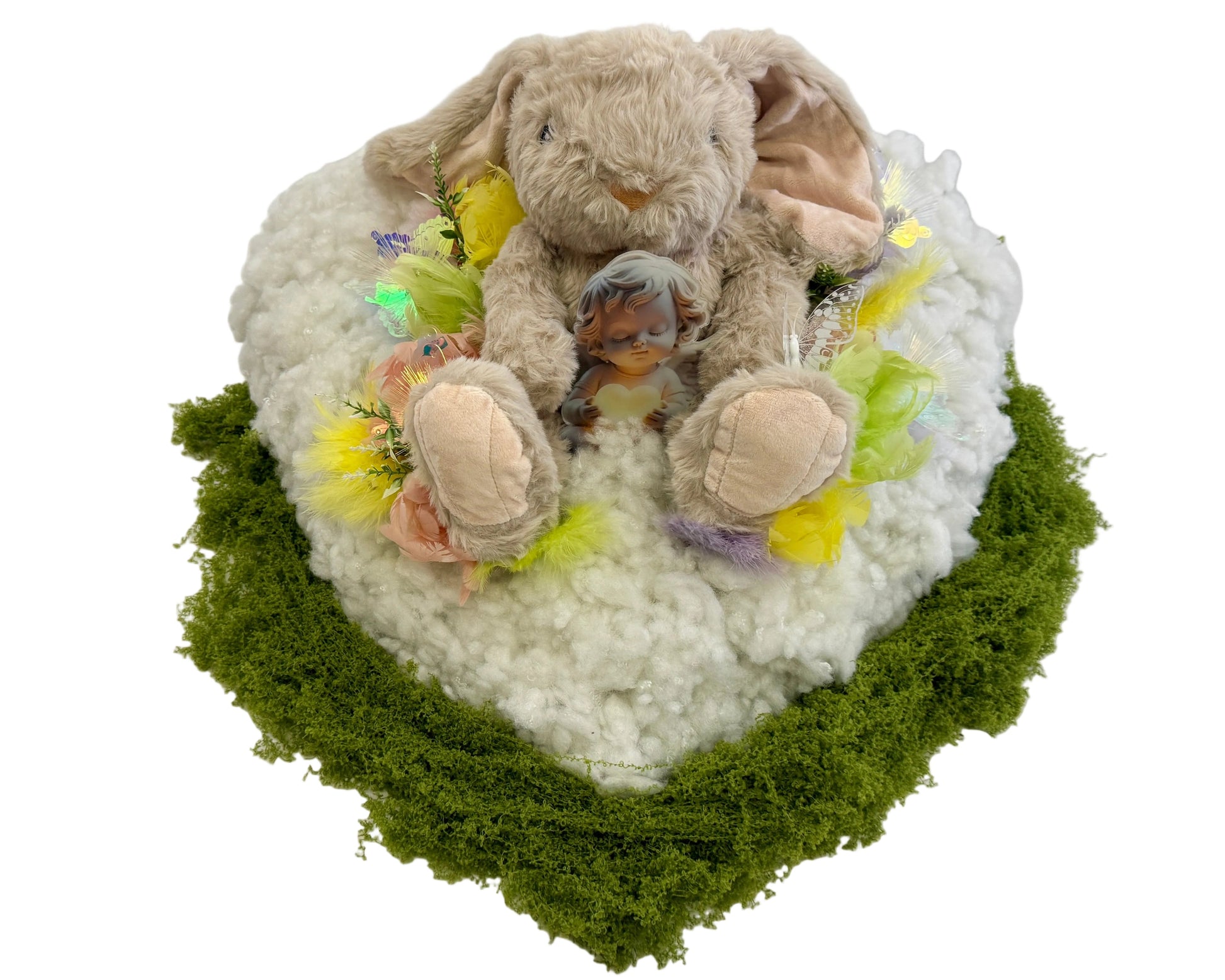 Knuffel op rouwhart met engel in zijn pootjes