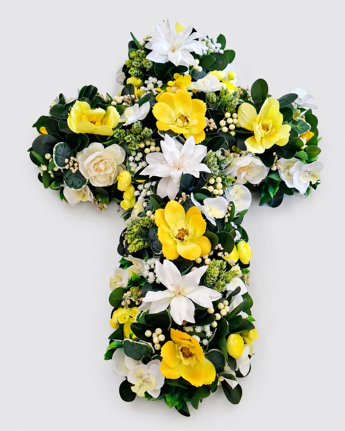 Rouwkruis met gele bloemen