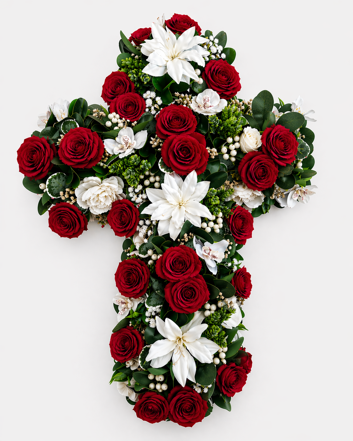 Rouwkruis met rode en witte bloemen